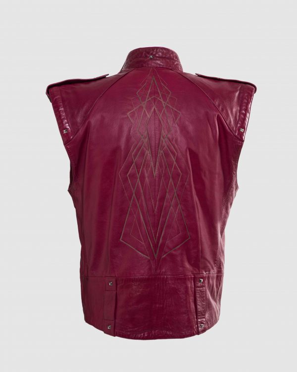 Haize ArtGilet années 80 en cuir d’agneau rouge signé Claude Montana, tatoué par DotsToline.Cuir Rouge 2 min