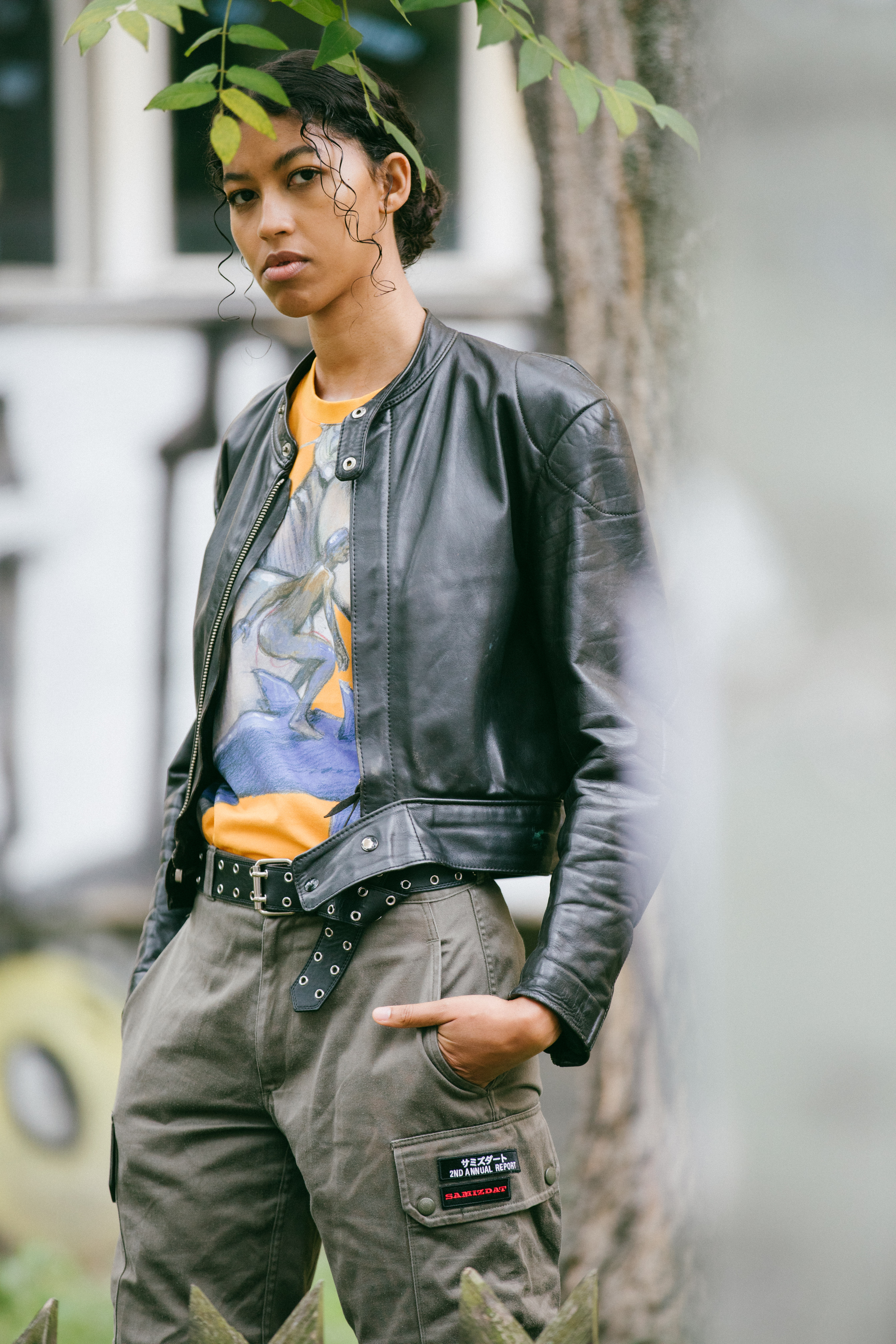 Laser engraved black leather jacket and Enki Bilal Eternal tee-shirt. Haize First collection. Berlin photoshoot.